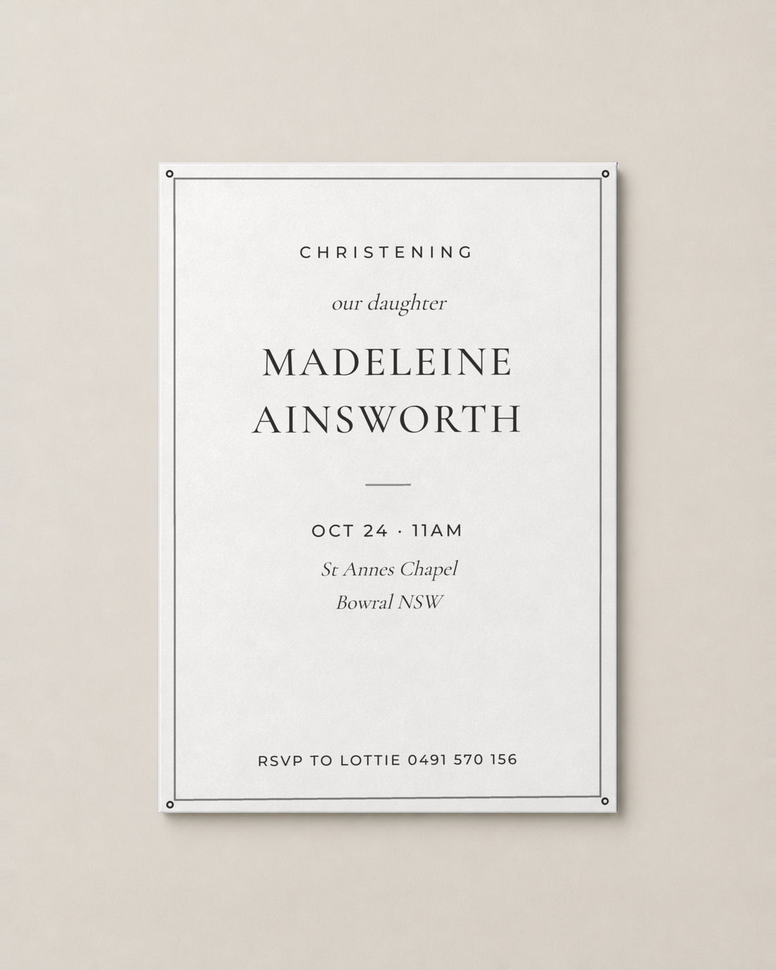 The Cypress christening invitation, personalised and printed in Australia