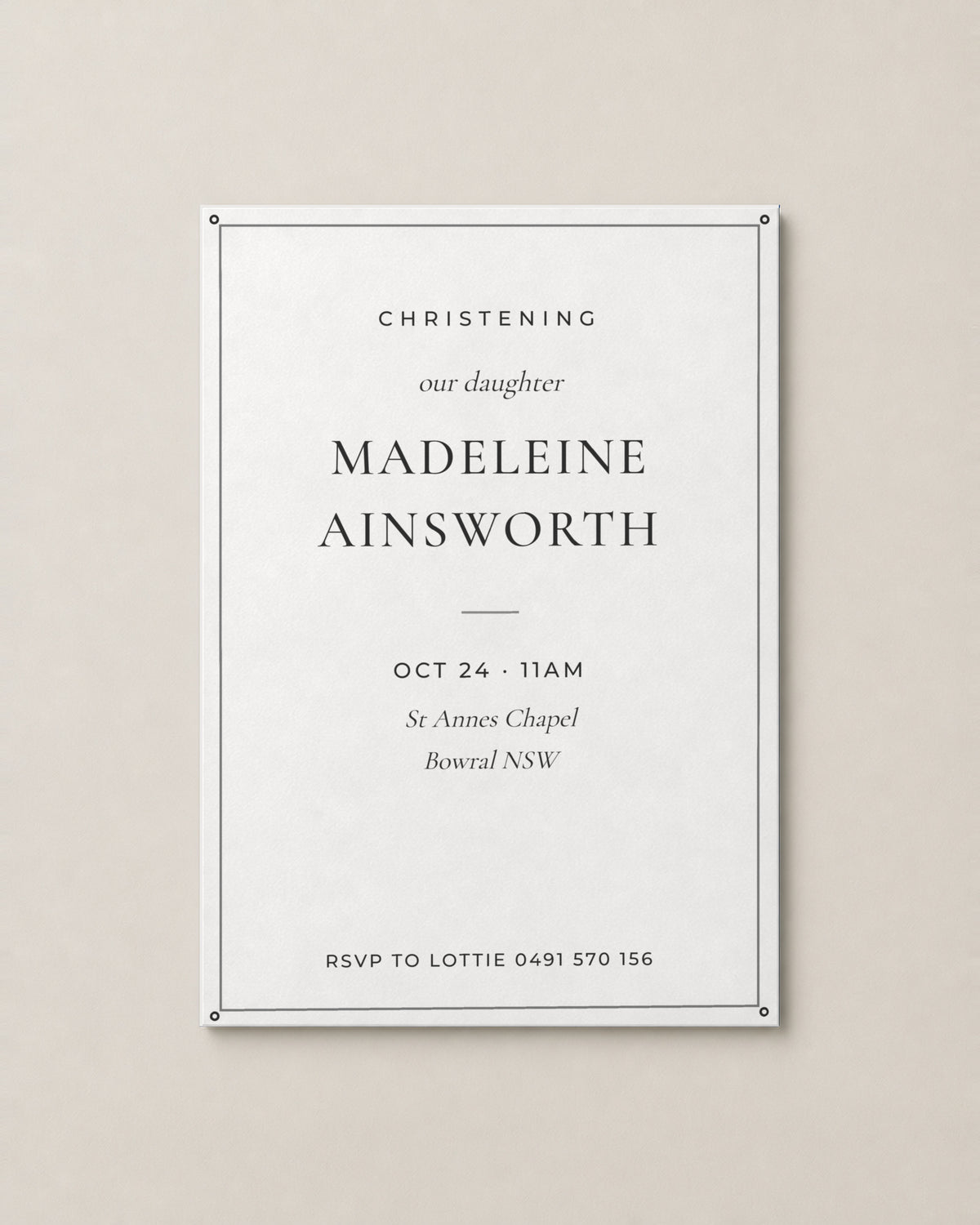 The Cypress christening invitation, personalised and printed in Australia
