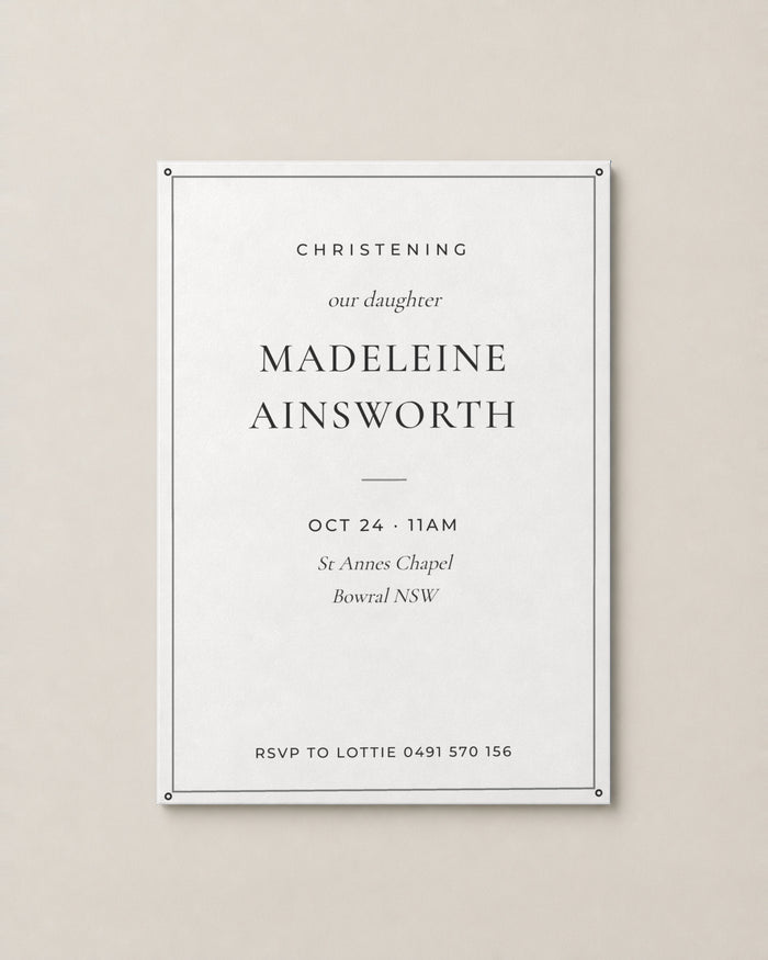 The Cypress christening invitation, personalised and printed in Australia