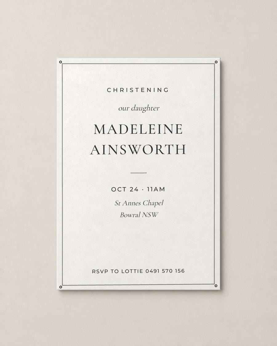 The Cypress christening invitation, personalised and printed in Australia