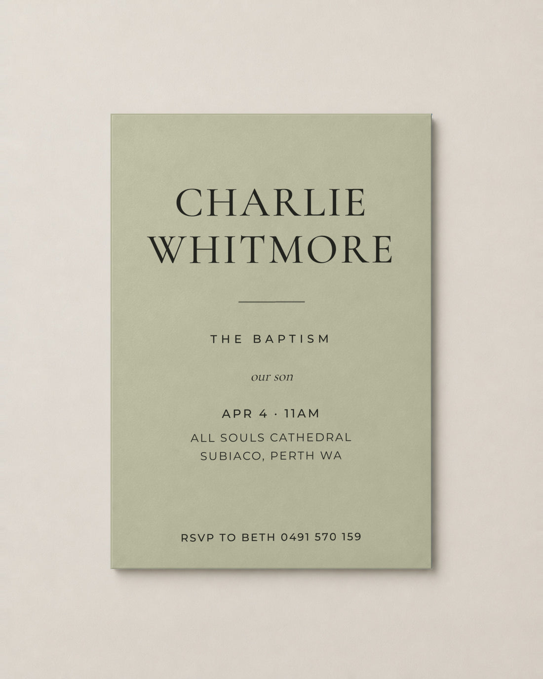 The Halliwell christening invitation, personalised and printed in Australia