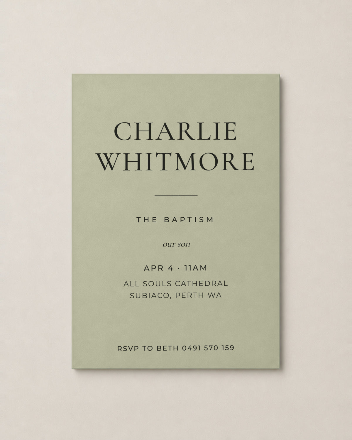 The Halliwell christening invitation, personalised and printed in Australia