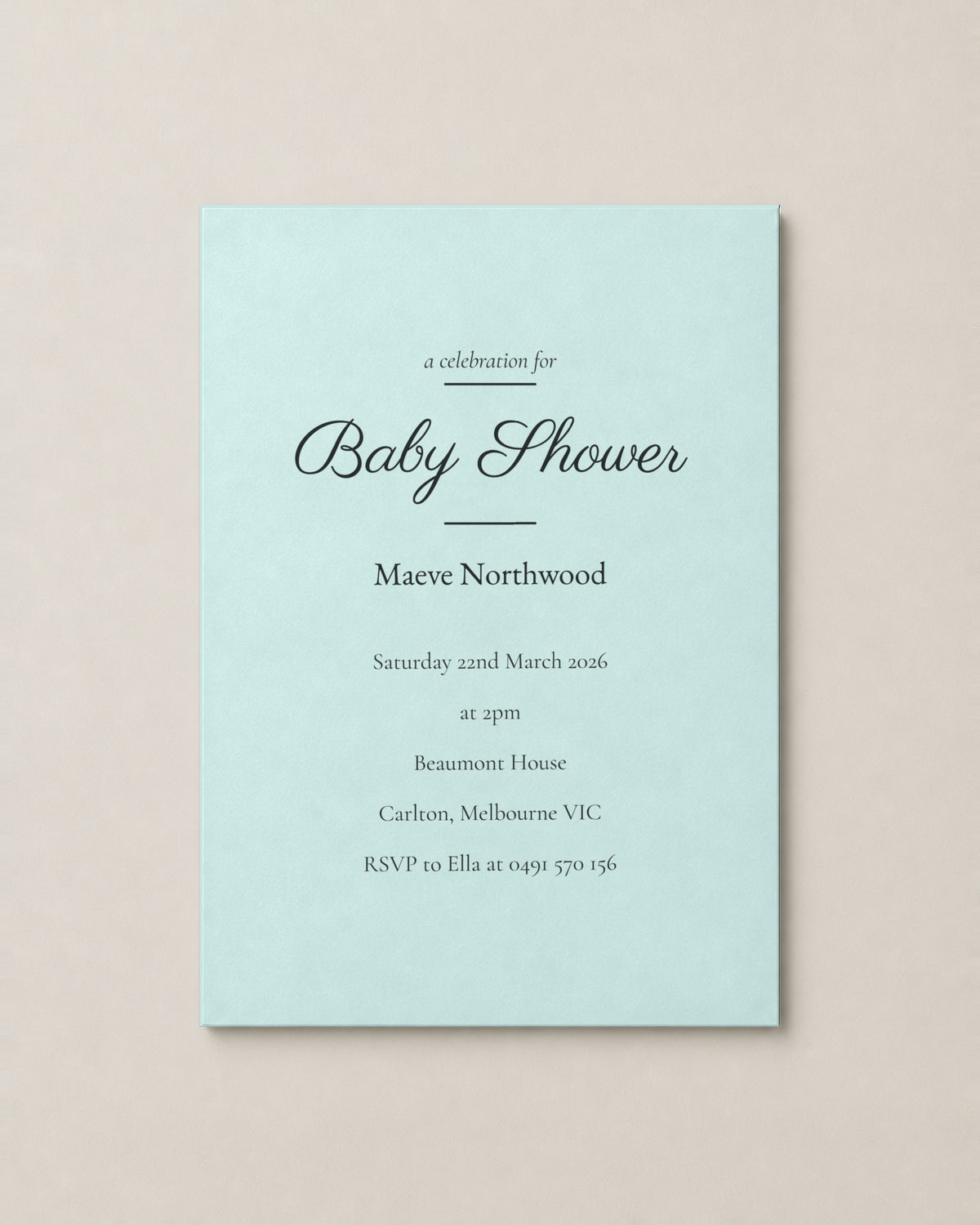 The Hawthorn baby shower invitation, personalised and printed in Australia