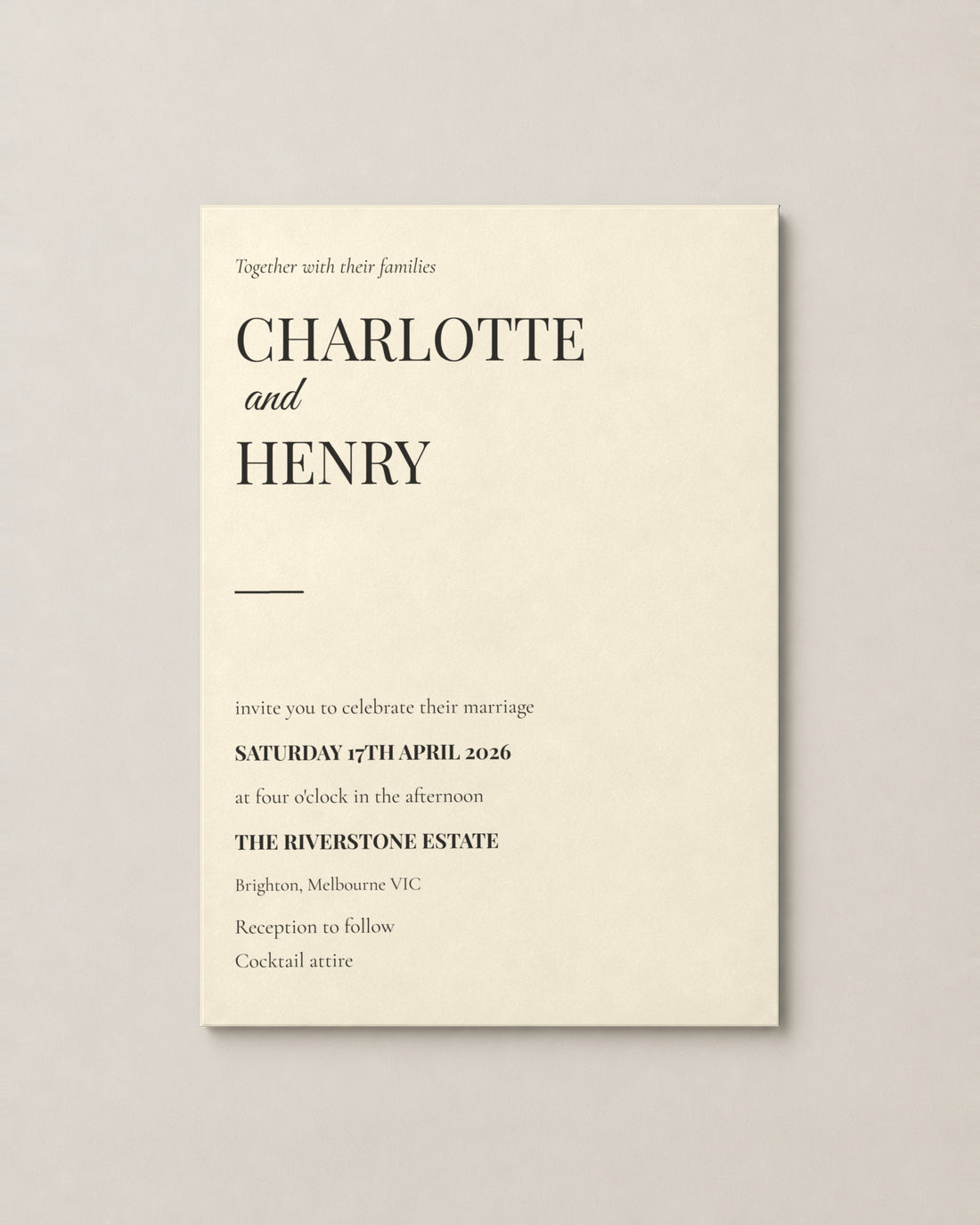 The Jervis wedding invitation, personalised and printed in Australia