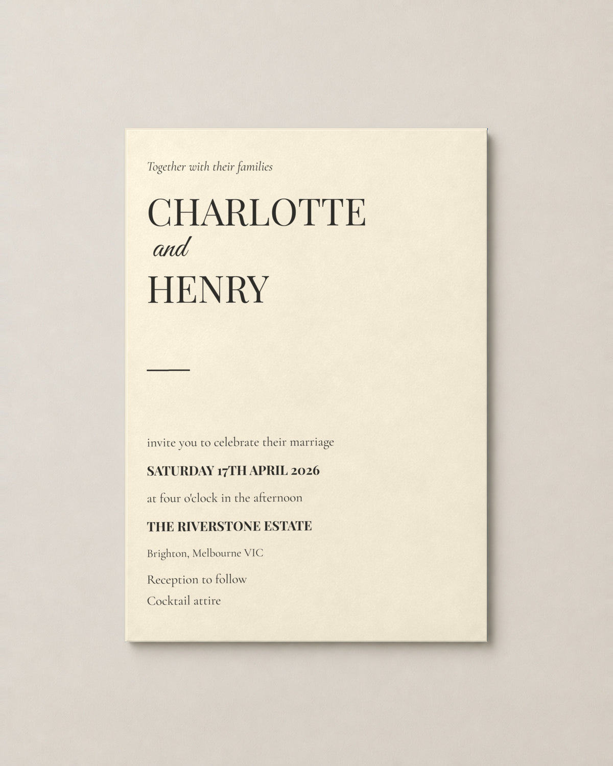 The Jervis wedding invitation, personalised and printed in Australia