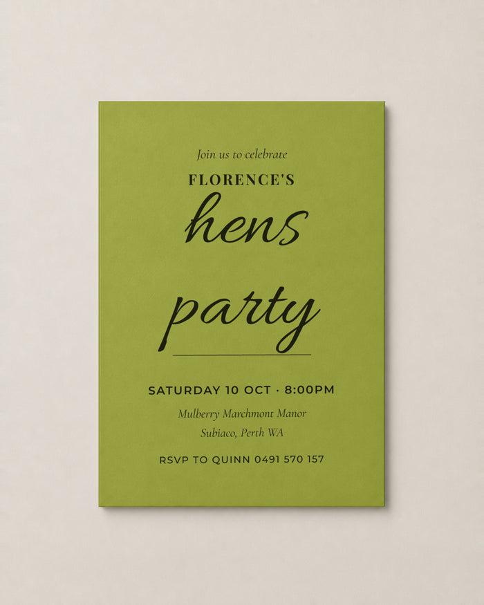 The Lagoon hens invitation, personalised and printed in Australia