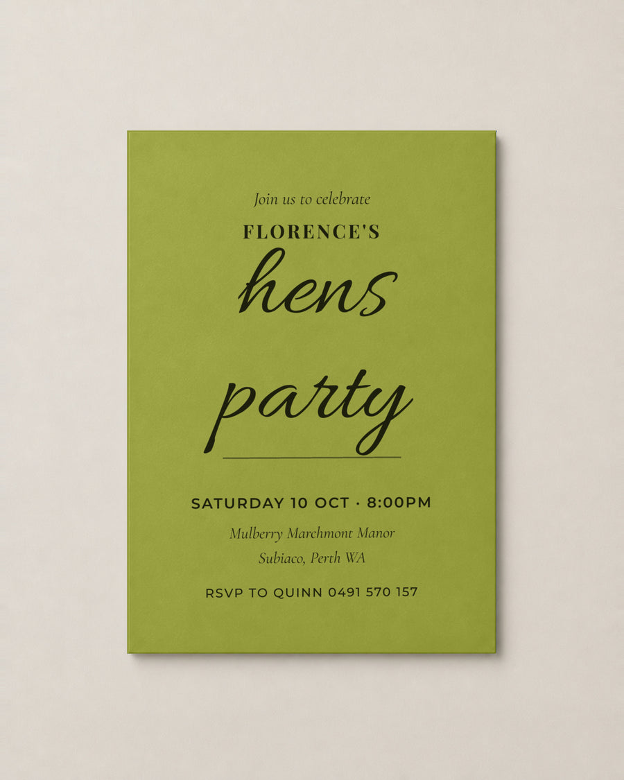 The Lagoon hens invitation, personalised and printed in Australia