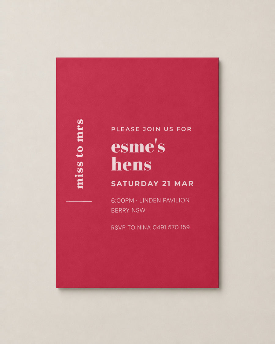 The Margot hens invitation, personalised and printed in Australia
