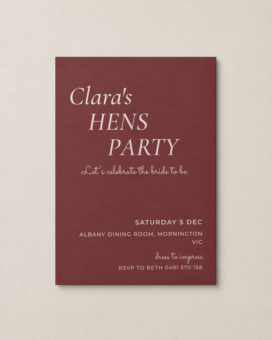 The Merlot hens invitation, personalised and printed in Australia