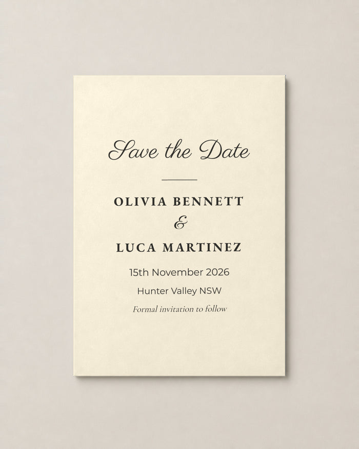 The Primrose save the date, personalised and printed in Australia