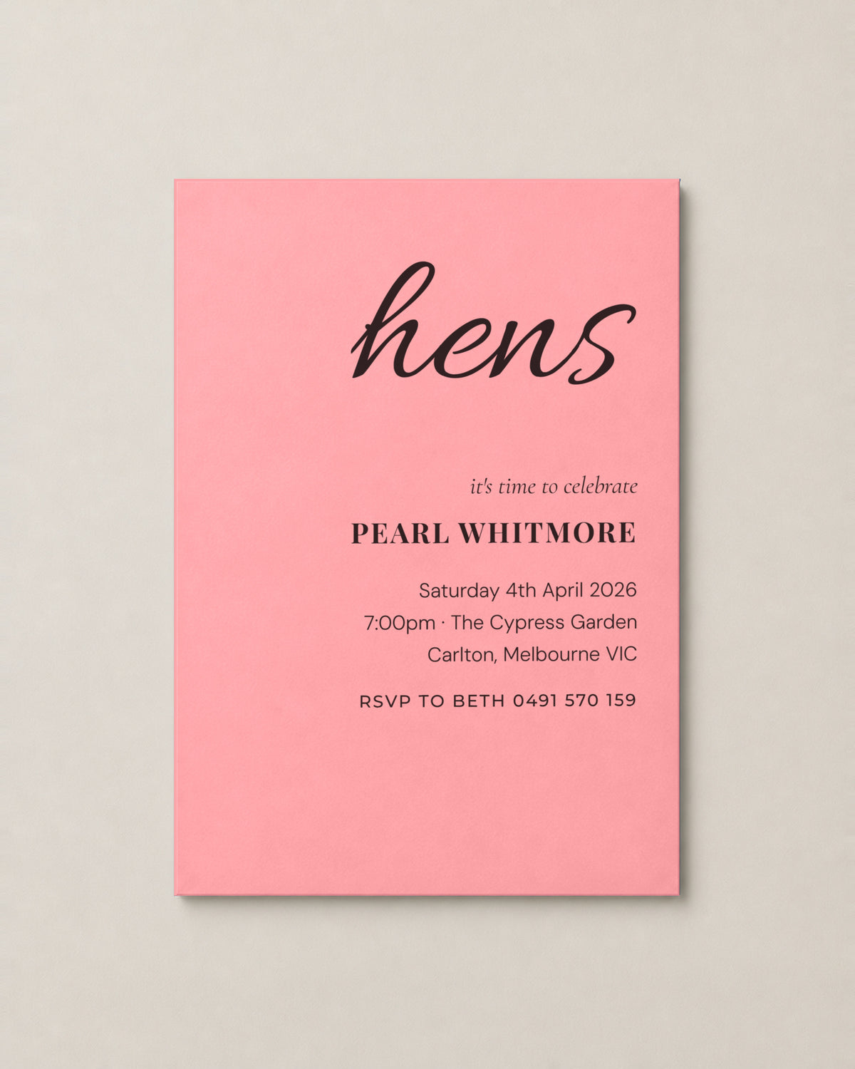 The Rosalie hens invitation, personalised and printed in Australia
