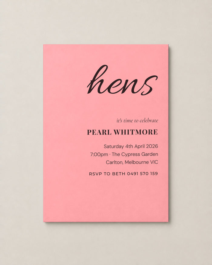 The Rosalie hens invitation, personalised and printed in Australia