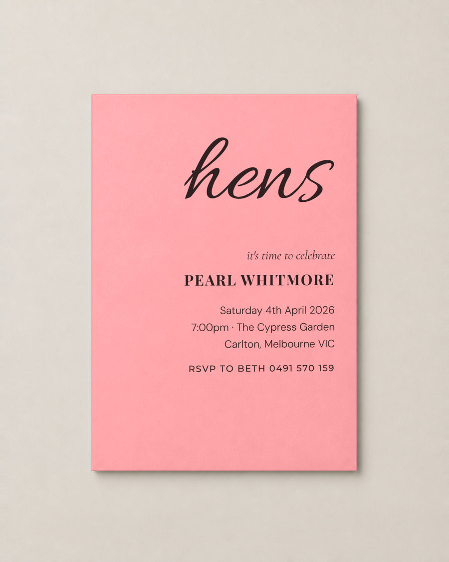 The Rosalie hens invitation, personalised and printed in Australia