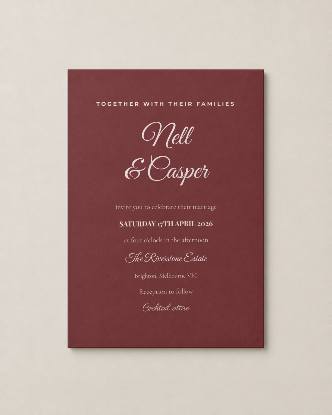 The Rosalind wedding invitation, personalised and printed in Australia