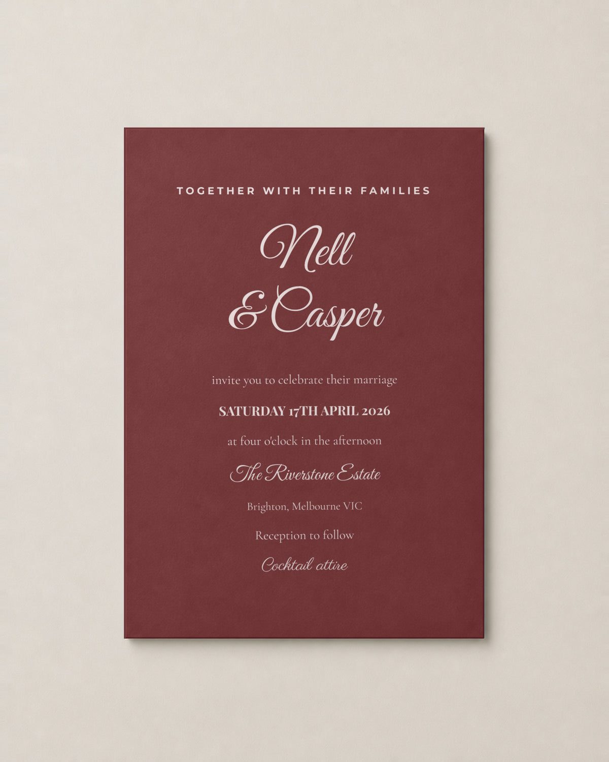 The Rosalind wedding invitation, personalised and printed in Australia