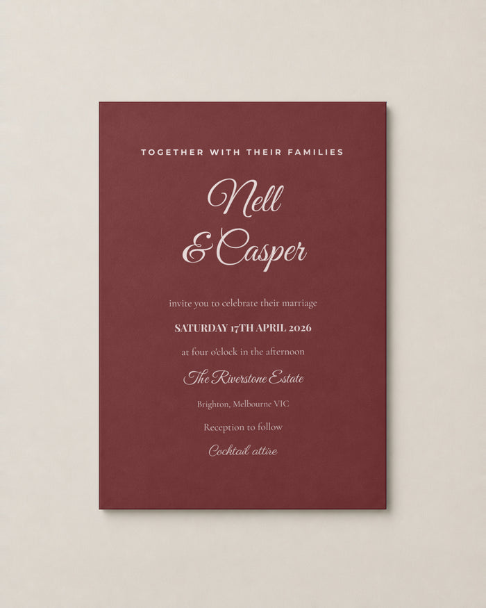 The Rosalind wedding invitation, personalised and printed in Australia