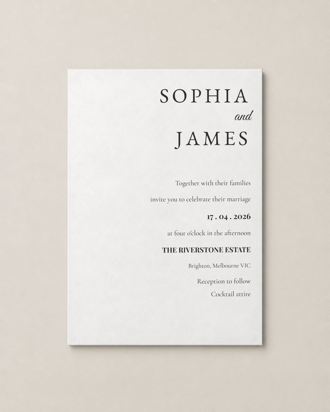 The Seacliff wedding invitation, personalised and printed in Australia