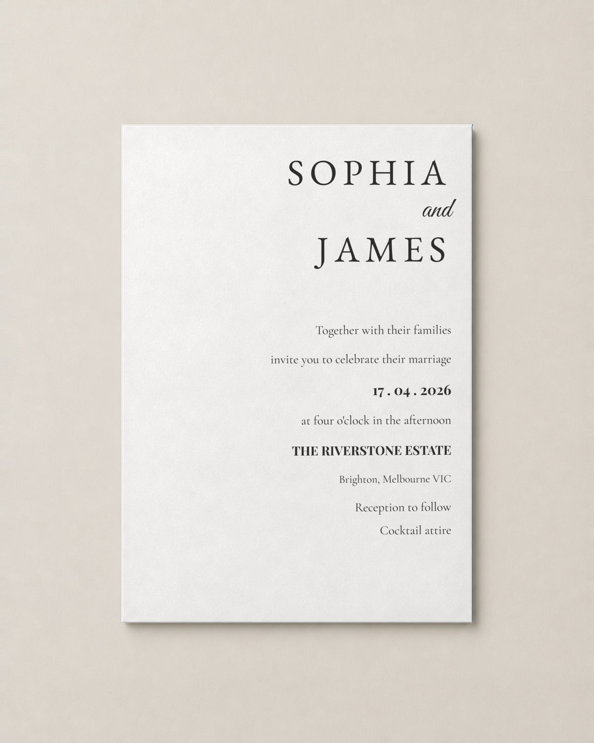 The Seacliff wedding invitation, personalised and printed in Australia