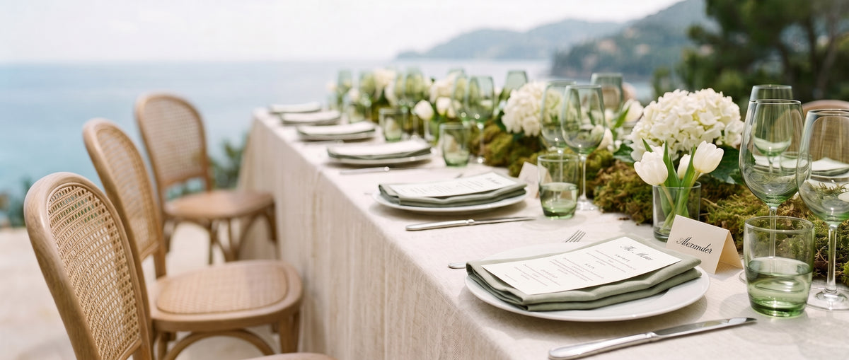 Mediterranean terrace wedding table with cane chairs at every setting, Solene menu and place card
