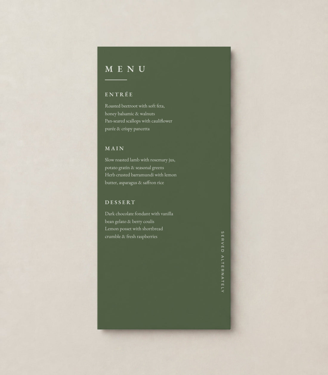 The Almond wedding menu printed white on Seedling green card