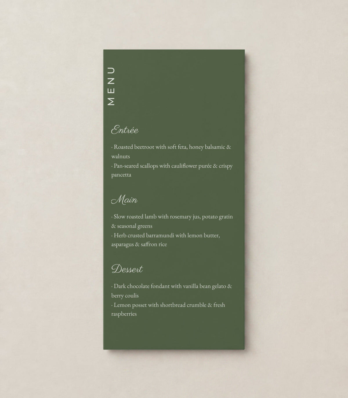 The Linen wedding menu, personalised and printed in Australia