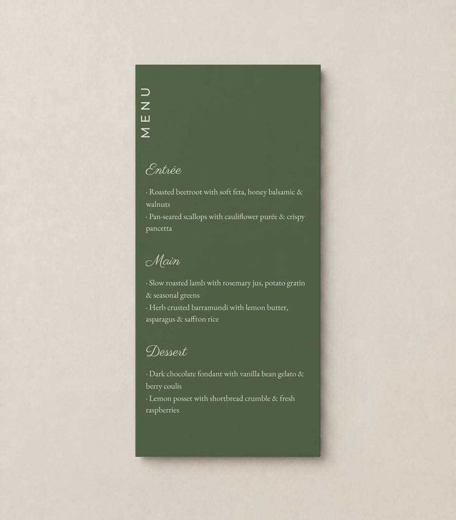 The Linen wedding menu, personalised and printed in Australia