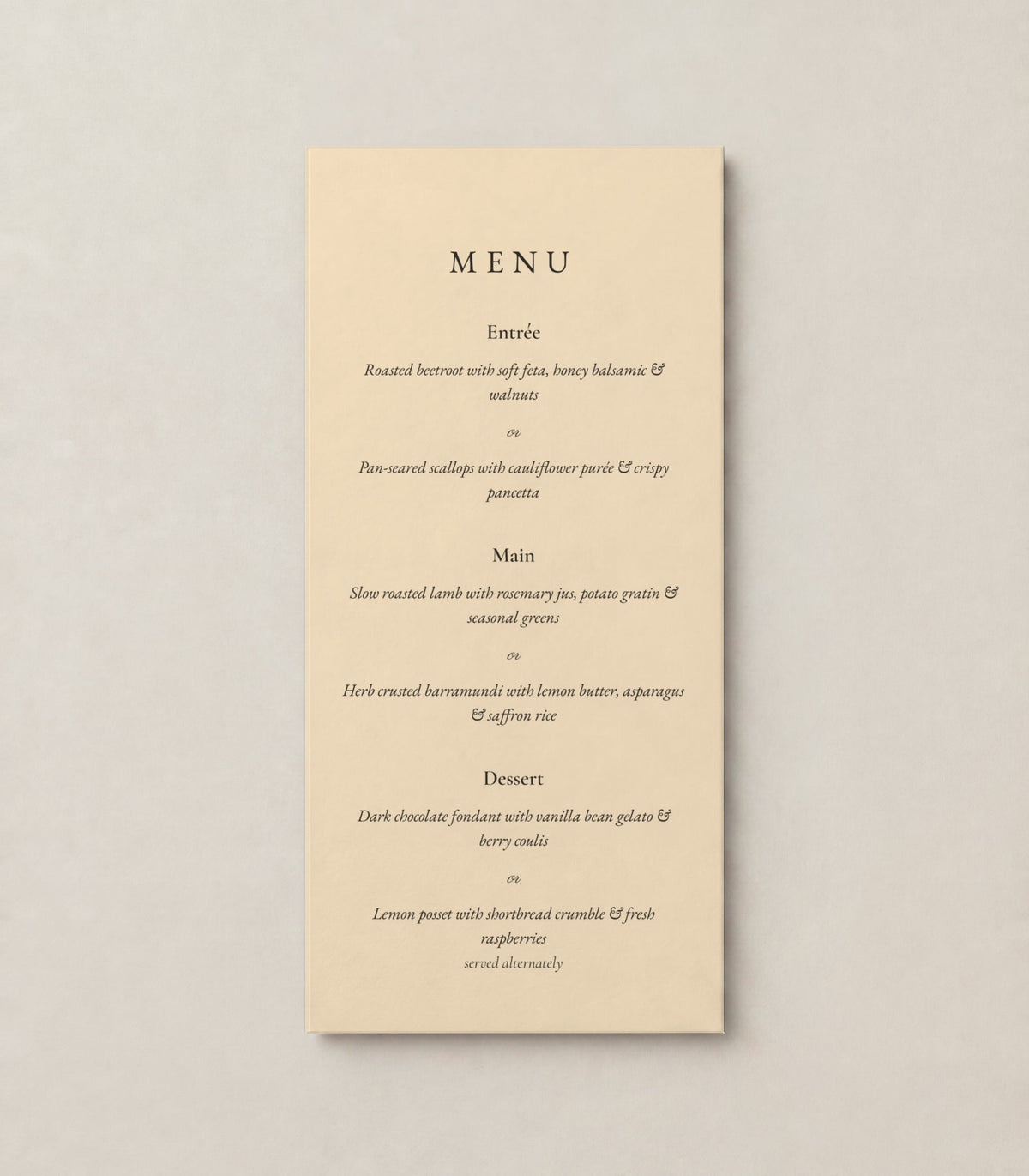 The Laurel wedding menu, personalised and printed in Australia