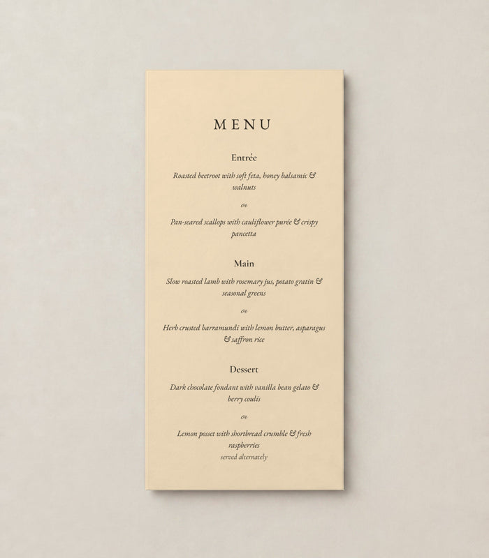 The Laurel wedding menu, personalised and printed in Australia