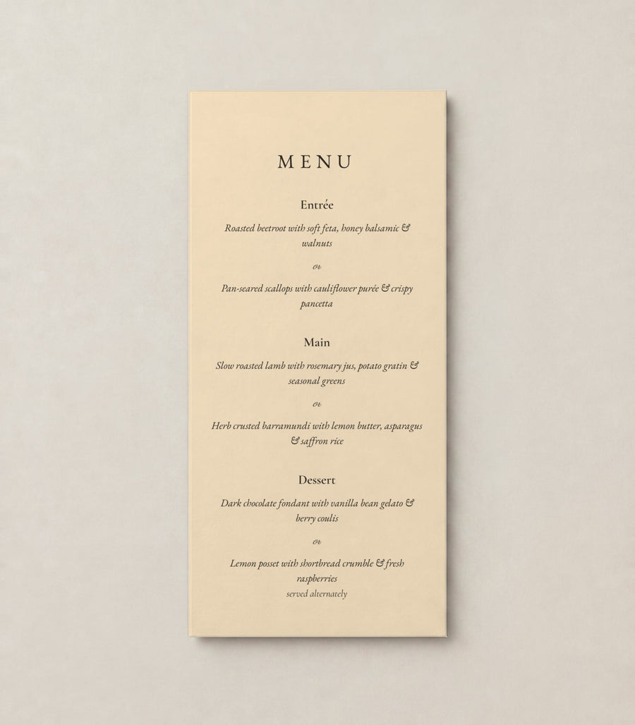 The Laurel wedding menu, personalised and printed in Australia