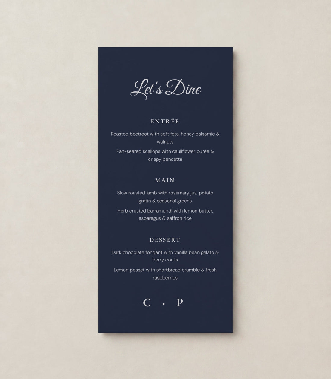 The Olive wedding menu, personalised and printed in Australia