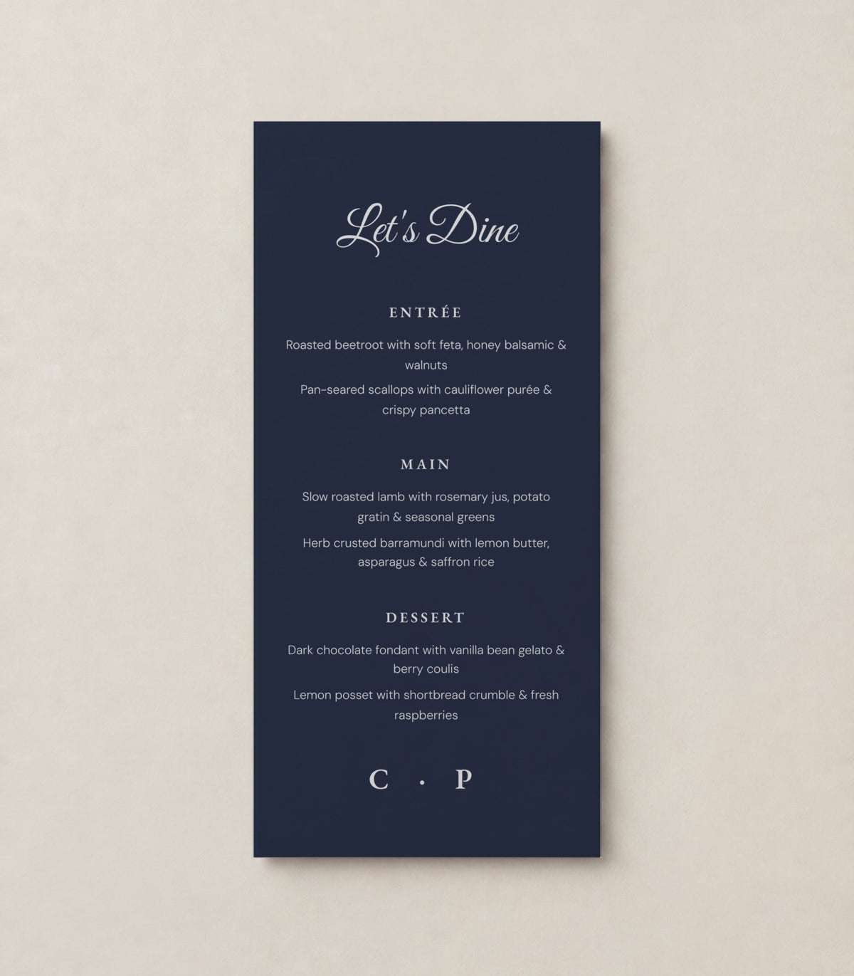 The Olive wedding menu, personalised and printed in Australia