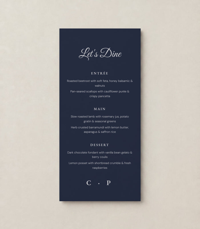The Olive wedding menu, personalised and printed in Australia