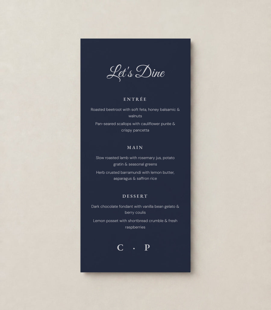 The Olive wedding menu, personalised and printed in Australia