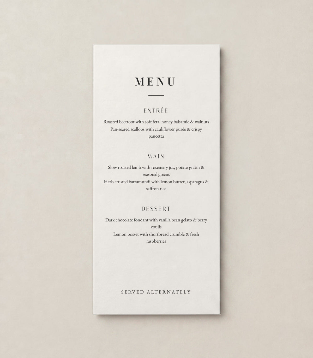 The Eucalyptus wedding menu, personalised and printed in Australia