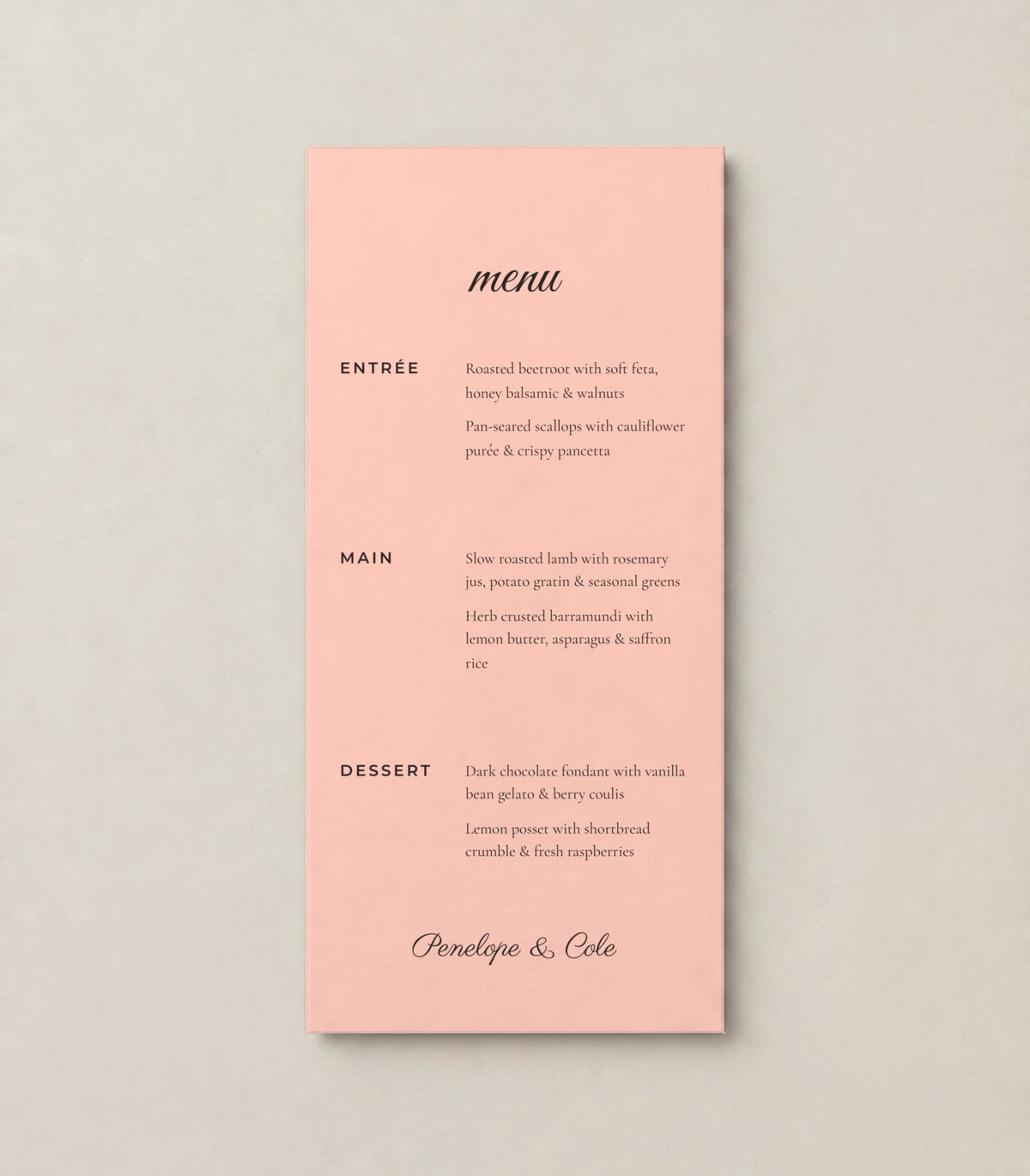 The Juniper wedding menu, personalised and printed in Australia
