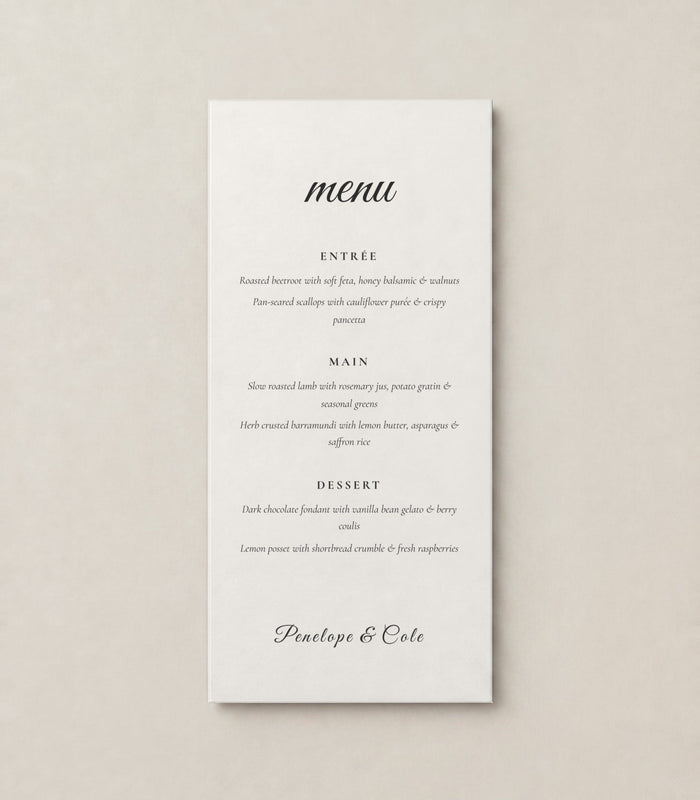 The Ivory Cloud wedding menu, personalised and printed in Australia