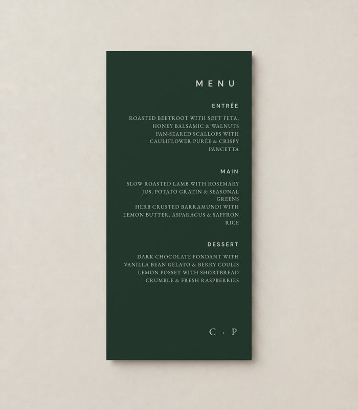 The Maison Onyx wedding menu, personalised and printed in Australia