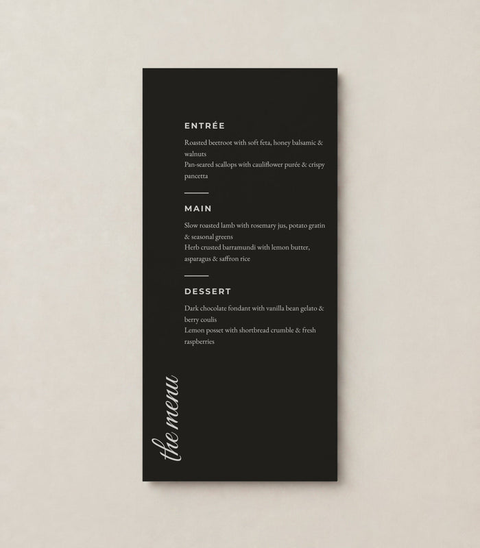 The Peony wedding menu, personalised and printed in Australia