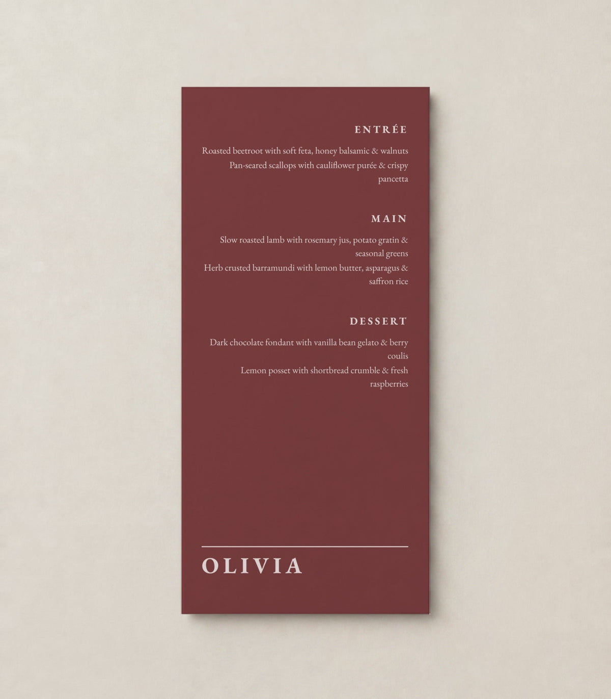 The Rose wedding menu, personalised and printed in Australia