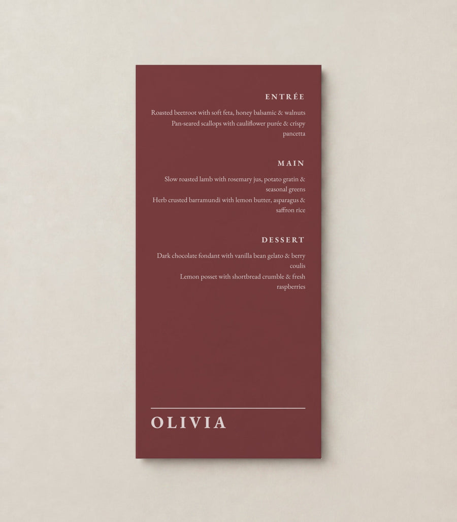 The Rose wedding menu, personalised and printed in Australia