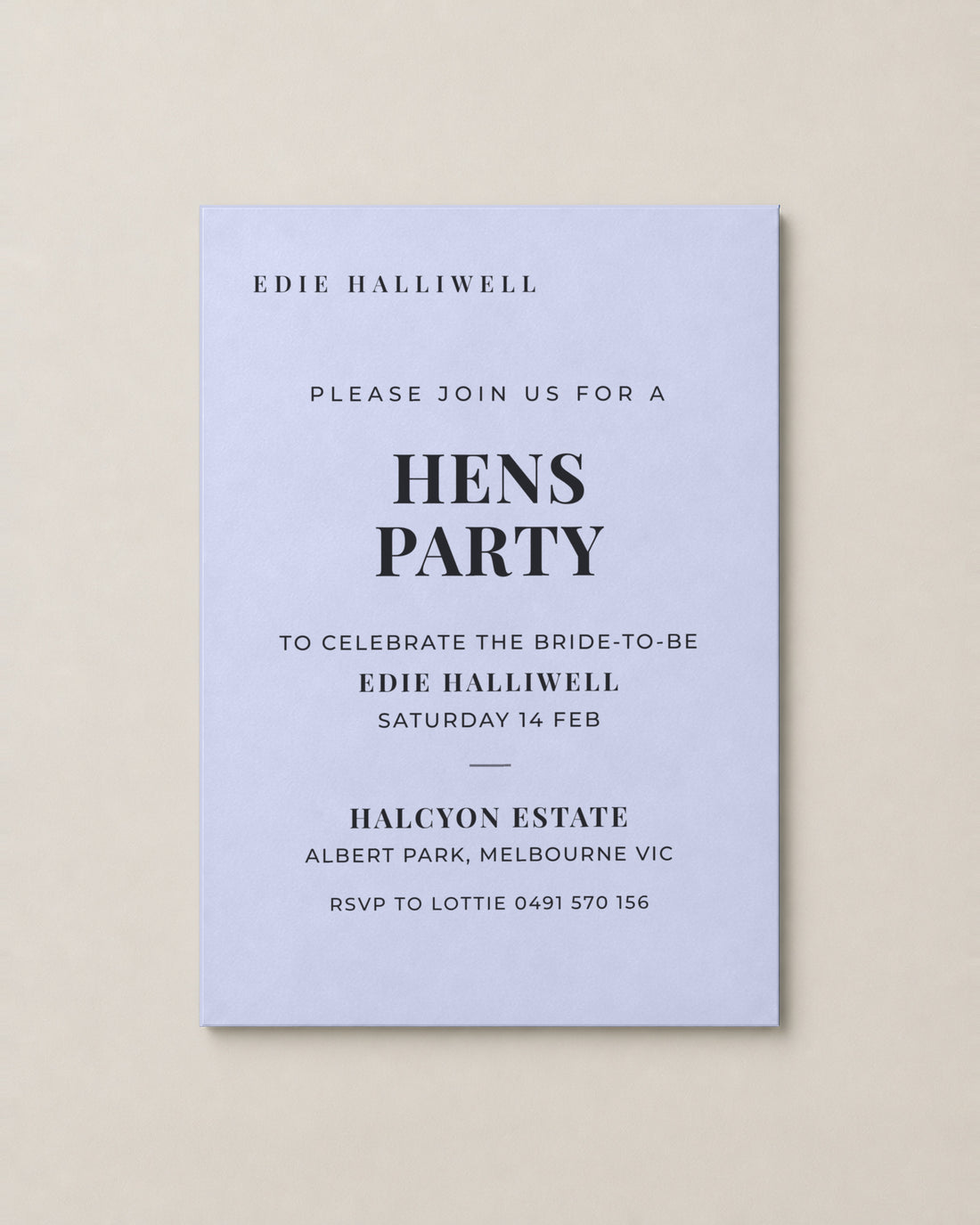 The Vivienne hens invitation, personalised and printed in Australia