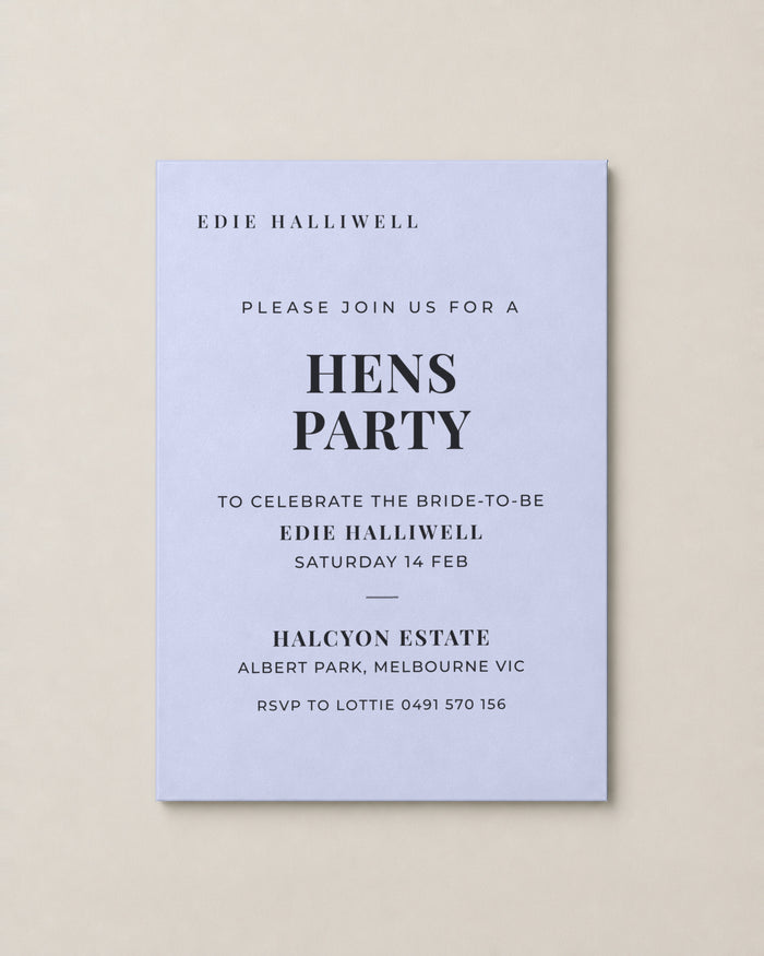 The Vivienne hens invitation, personalised and printed in Australia