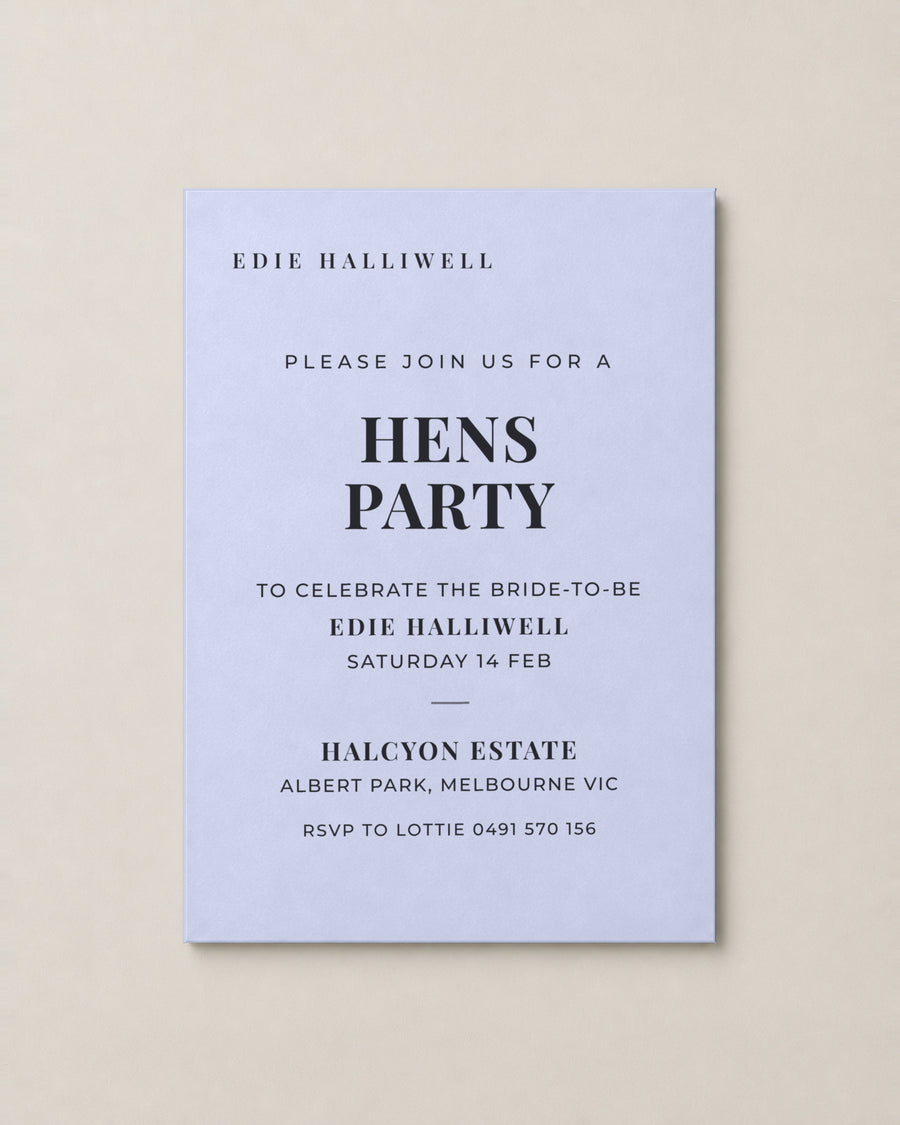 The Vivienne hens invitation, personalised and printed in Australia