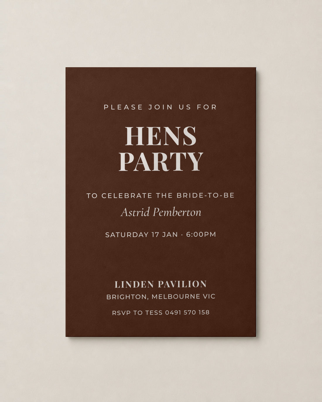 The Winsley hens invitation, personalised and printed in Australia