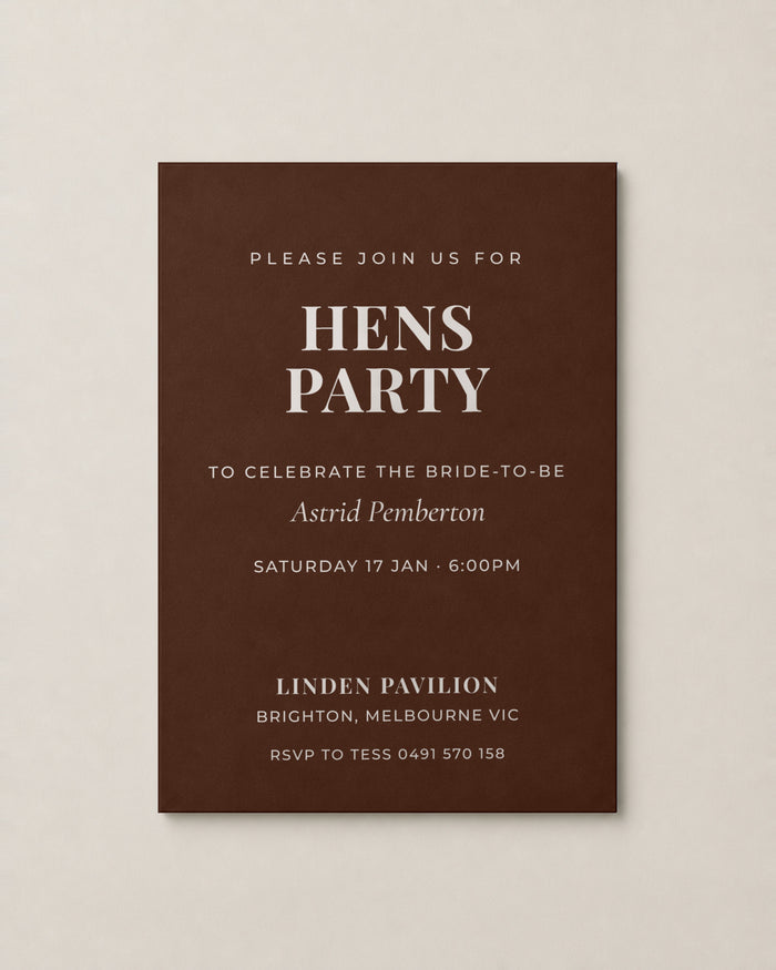 The Winsley hens invitation, personalised and printed in Australia