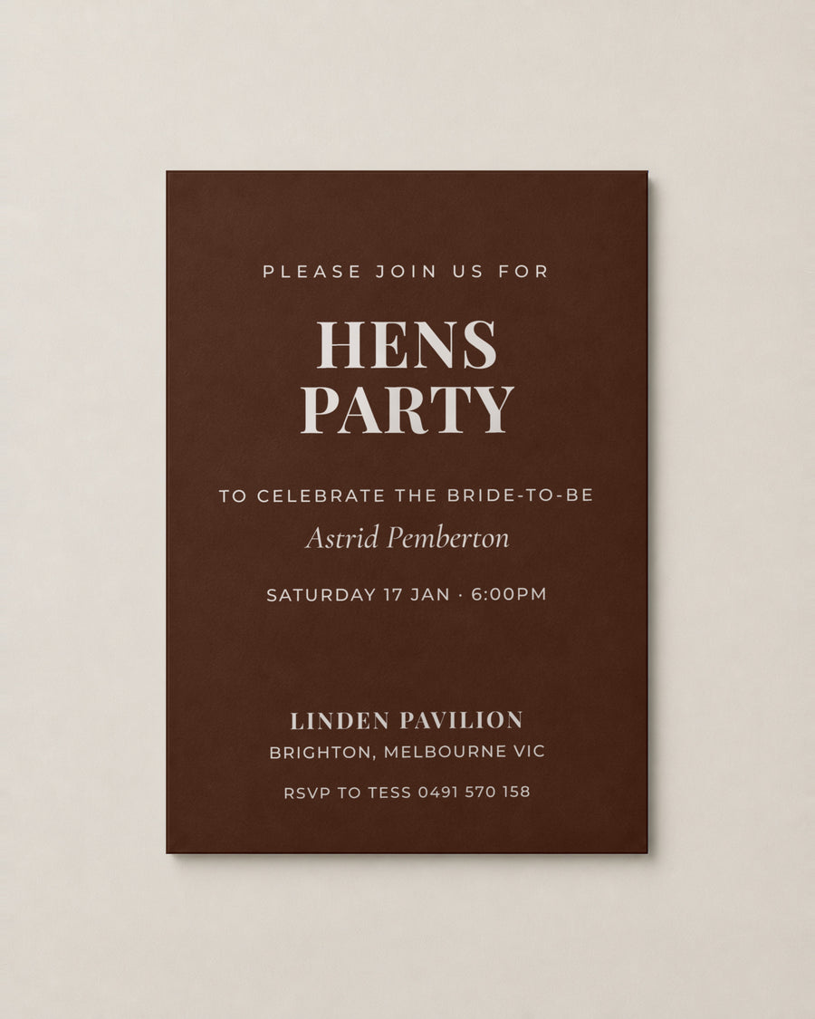 The Winsley hens invitation, personalised and printed in Australia