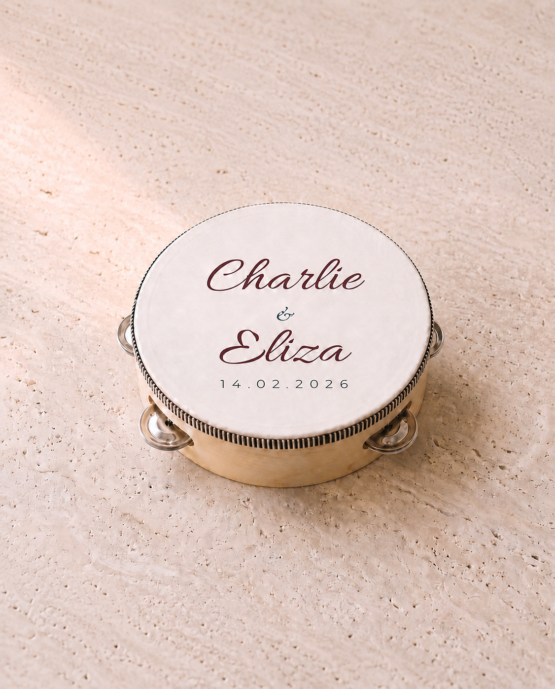 Personalised Solène tambourine on pale stone