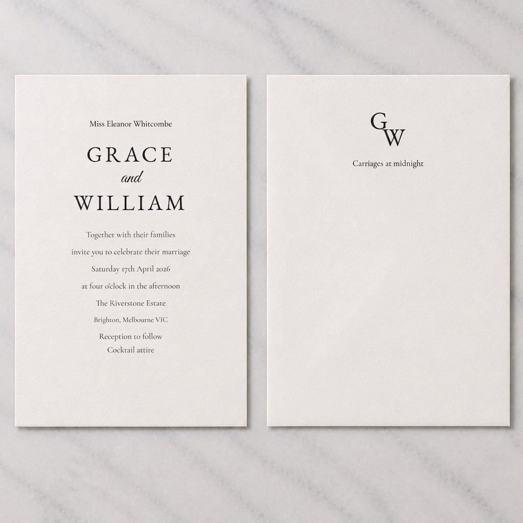 An invitation printed with a guest's name above the couple's names, beside the reverse of the card carrying a monogram