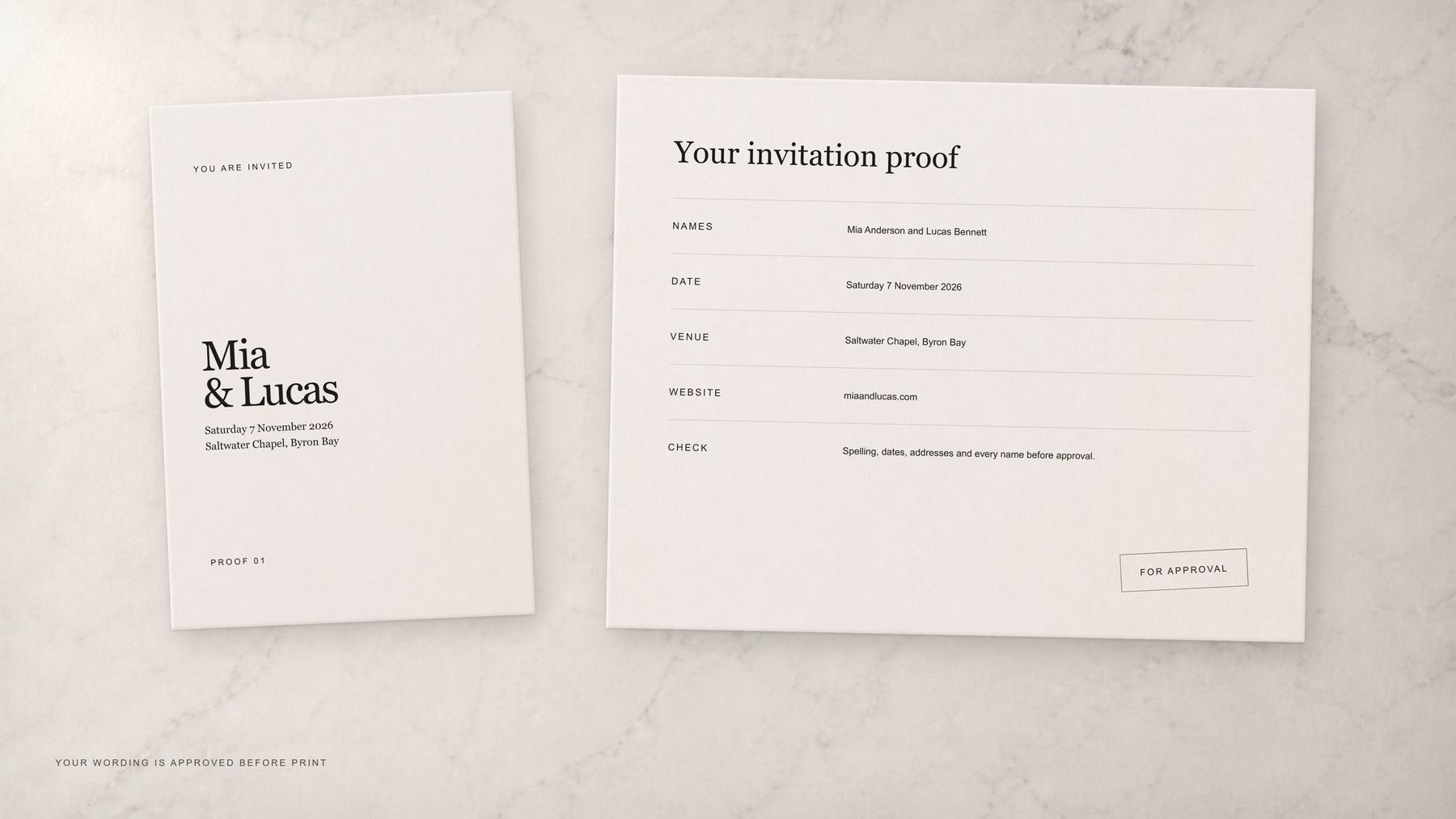 Invitation card beside a digital proof sheet on pale marble