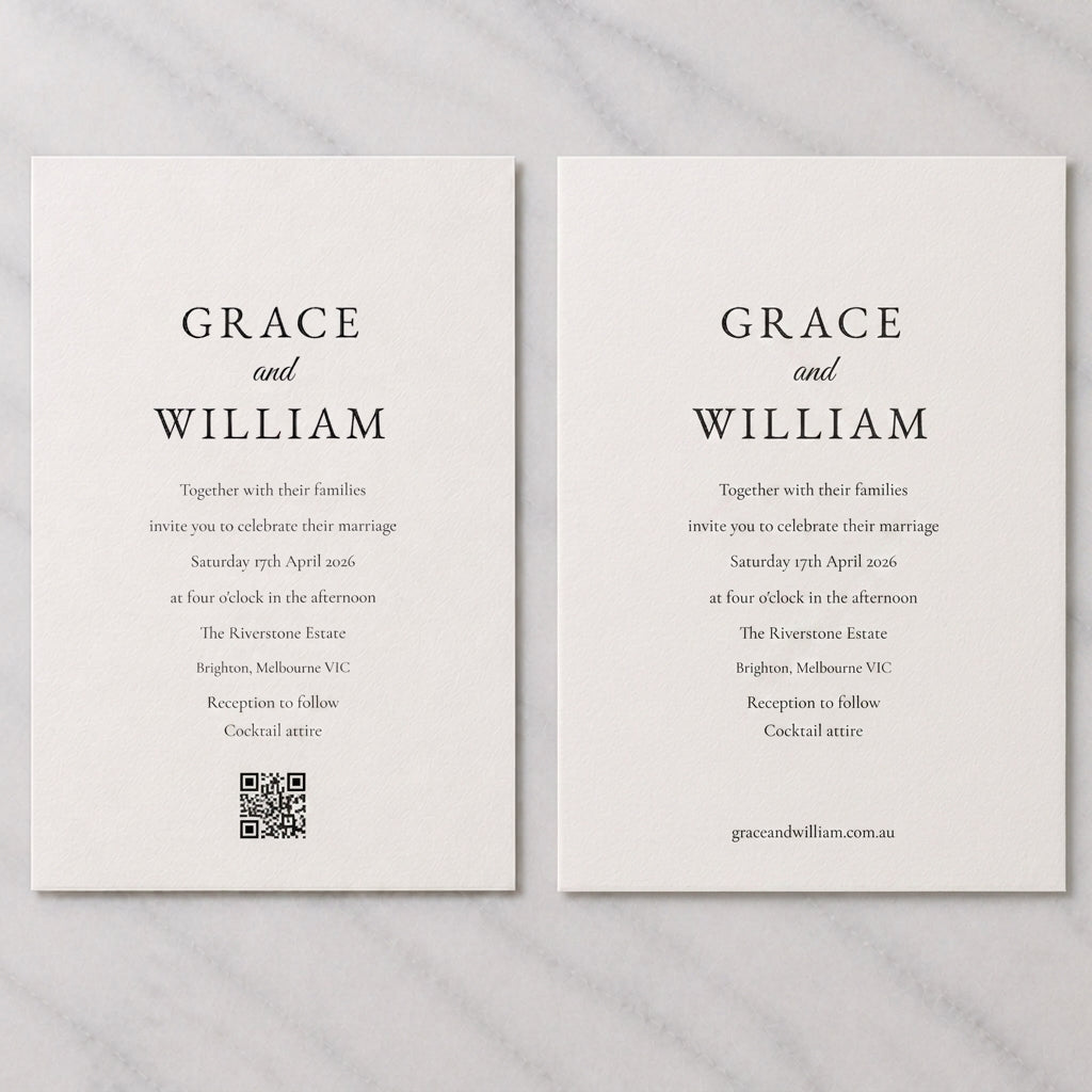 The same invitation shown twice, once with a small QR code beneath the wording and once with the website address set in type